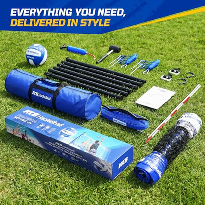 Haokelball Outdoor Portable Heavy Duty Volleyball Net Set for Backyard with Adjustable Height Poles, Anti-Sag System, Volleyball, Pump, Boundary Line, Carry Bag & Gift Box
