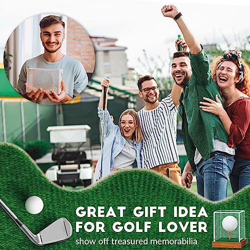 JupDec Golf Ball Display Case Clear Acrylic Memorabilia Stand Cube Holder with Wood Base & Tee, Dust Protection Transparent Storage Box for Single Ball Souvenir Golfball Collections, Brown, 1 Pack - size: 1 Pack