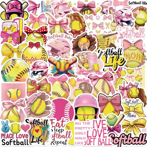 50PCS Pink Coquettte Bows Softball Stickers, Cute Motivational Vinyl Waterproof Stickers for Water Bottles,Helmets, Luggage, Teaching Incentives, Softball Gifts for Girls Kids, Teens and Adults