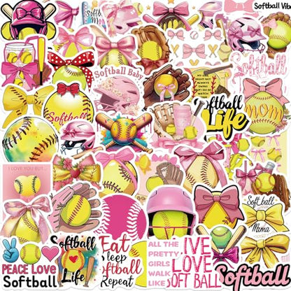 50PCS Pink Coquettte Bows Softball Stickers, Cute Motivational Vinyl Waterproof Stickers for Water Bottles,Helmets, Luggage, Teaching Incentives, Softball Gifts for Girls Kids, Teens and Adults