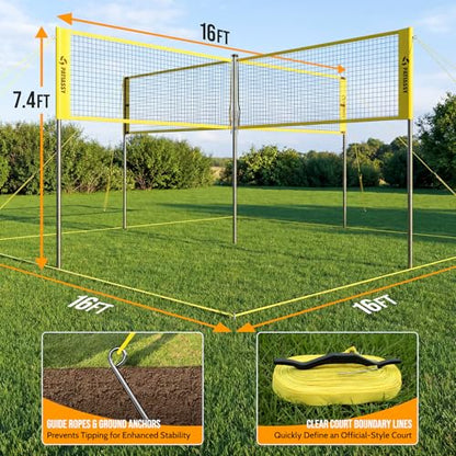 4 Square Volleyball Game Set, 4 Way Net System with 16FT & 32FT Court, Adjustable Height Backyard Badminton Combo, Portable Outdoor Kit with Ball, Pump, Boundary Line, Carry Bag