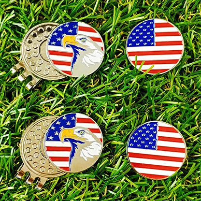 Golf Ball Markers with Hat Clips Value Sets for Men Women Golfer, Removable Attaches Easily to Golf Cap Premium Gifts - color: Flag and Eagle