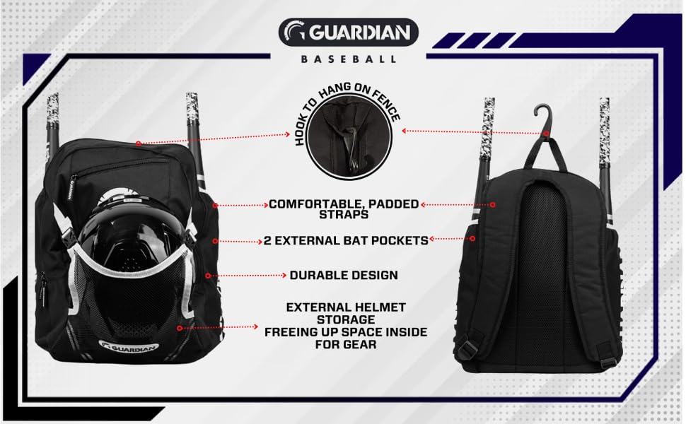 Guardian Baseball Backpack for Youth, Softball Bag for Girls, Durable Bat Bags Baseball Youth Boys and Girls, TBall Bag – Includes Hook to Hang on Fence - color: Black/White