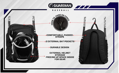 Guardian Baseball Backpack for Youth, Softball Bag for Girls, Durable Bat Bags Baseball Youth Boys and Girls, TBall Bag – Includes Hook to Hang on Fence - color: Black/White