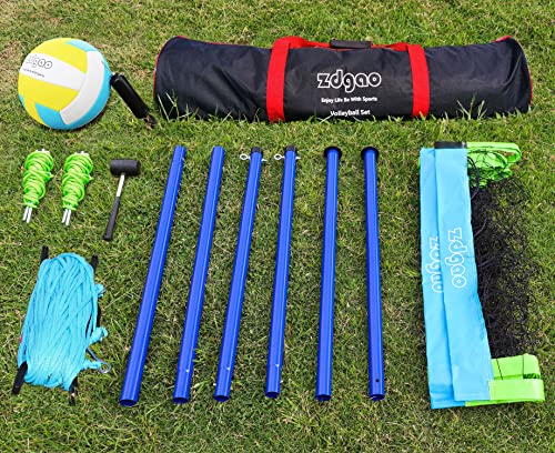 Outdoor Portable Volleyball Net System - Adjustable Height Poles with Soft Volleyball Ball, Pump, Hammer, Boundary Line, and Carry Bag for Backyard, Beach, Lawn
