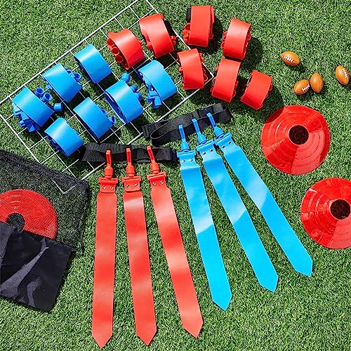 Wettarn 10/16 Player Flag Football Belts Adjustable Flag Football Set with Cones Bag for Youth Adults Kids Training Sport - color: Red, Blue