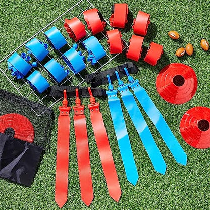 Wettarn 10/16 Player Flag Football Belts Adjustable Flag Football Set with Cones Bag for Youth Adults Kids Training Sport - color: Red, Blue