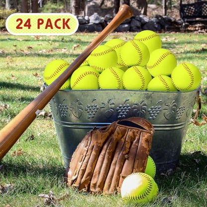 Lewtemi 24 Pack Yellow Practice Softballs Official Size and Weight Slowpitch Softball Sports Unmarked Leather Covered Youth Fastpitch Softball Ball Training Ball for Games Practice