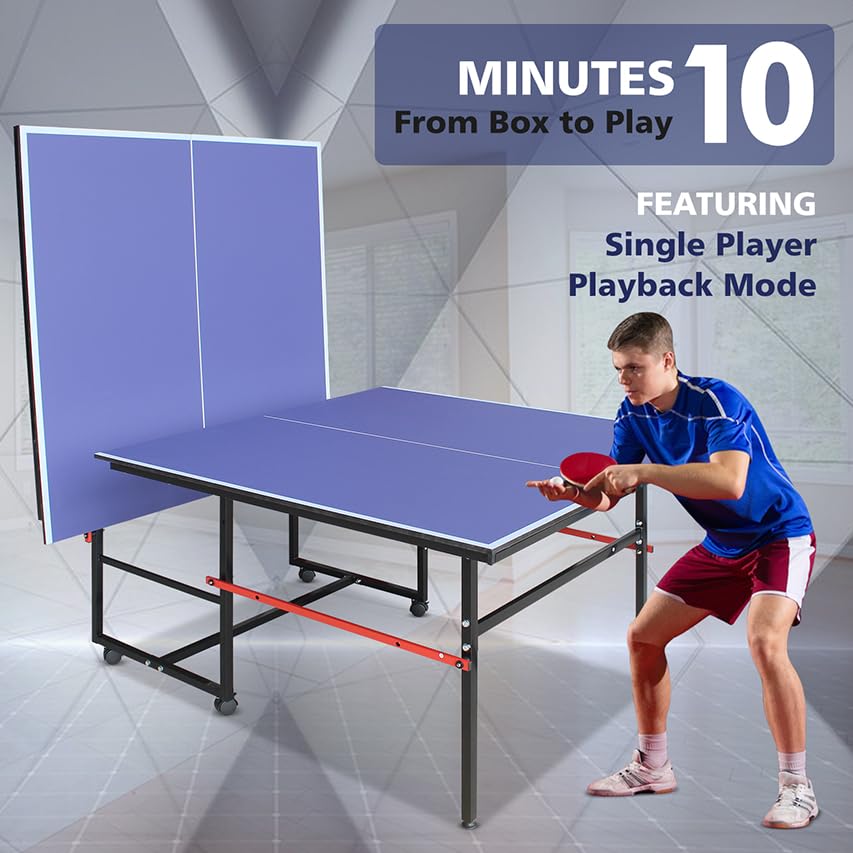 8FT Folding Rolling Table Tennis Table Indoor/Outdoor Table Tennis Table, 2 Rackets, 3 Balls, 1 Net and 4 Wheels Set Behind It for Easy Movement-Blue
