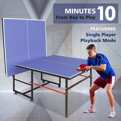 8FT Folding Rolling Table Tennis Table Indoor/Outdoor Table Tennis Table, 2 Rackets, 3 Balls, 1 Net and 4 Wheels Set Behind It for Easy Movement-Blue