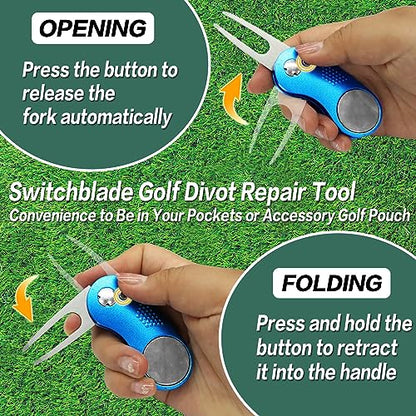 FINGER TEN Golf Divot Repair Tool and Ball Marker Switchblade Value Pack, Foldable Magnetic Stainless Steel with Pop-up Button for Men Women - color: C: 2 in Blue