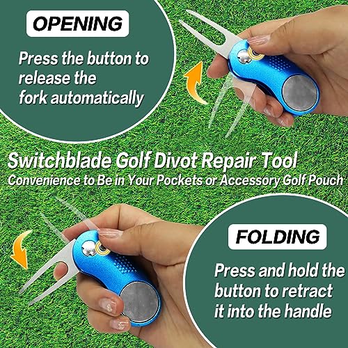 FINGER TEN Golf Divot Repair Tool and Ball Marker Switchblade Value Pack, Foldable Magnetic Stainless Steel with Pop-up Button for Men Women - color: C: 2 in Blue