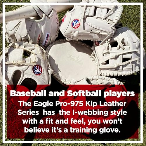 Valle Pro 975 Kip Leather Infield Baseball Training Glove - Right & Left Hand Throw - Youth Softball Mitt for Boys & Girls - Sure Catch, Fielding Practice & Training Equipment - White, 9.75"