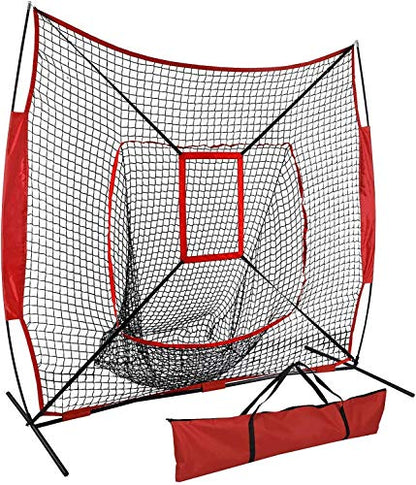 7'×7' Baseball Softball Practice Net with Strike Zone and Carry Bag, Portable Pitching Hitting Batting Catching Throwing Net Toss Backstop Training Aids