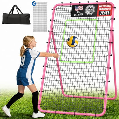 Volleyball Rebounder Net 7x4 FT, 5-Angle Adjustable Bounce Back Net, Steel Frame & PE Training Net for Volleying/Spiking, Rust-Resistant & Durable – w/Travel Bag, 2 NETS - color: Pink + Green