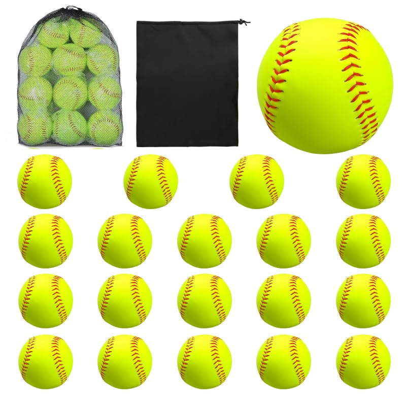 20 Pack Sports Practice Softball with Mesh Bag Unmarked Leather Covered Official Size and Weight Slowpitch Softball Youth Fastpitch Softball Ball Yellow Training Ball for Game and Training