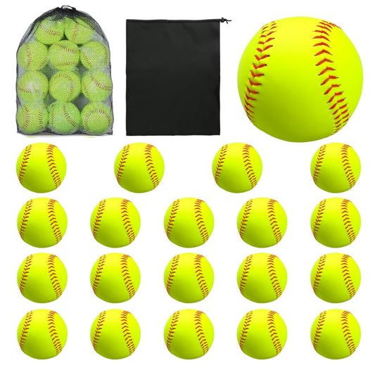 20 Pack Sports Practice Softball with Mesh Bag Unmarked Leather Covered Official Size and Weight Slowpitch Softball Youth Fastpitch Softball Ball Yellow Training Ball for Game and Training