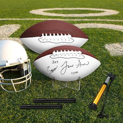 Liliful 2 Pcs Autograph Football Basketball Blank Official Size with 2 Stand 2 Signature Pen 1 Pump for Fantasy Trophy Anniversary Birthday Graduation - size: Size 9, style: 3 Sides White Football