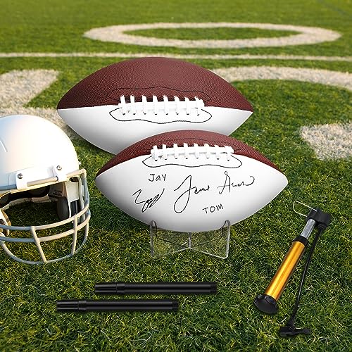 Liliful 2 Pcs Autograph Football Basketball Blank Official Size with 2 Stand 2 Signature Pen 1 Pump for Fantasy Trophy Anniversary Birthday Graduation - size: Size 9, style: 2 Sides White Football