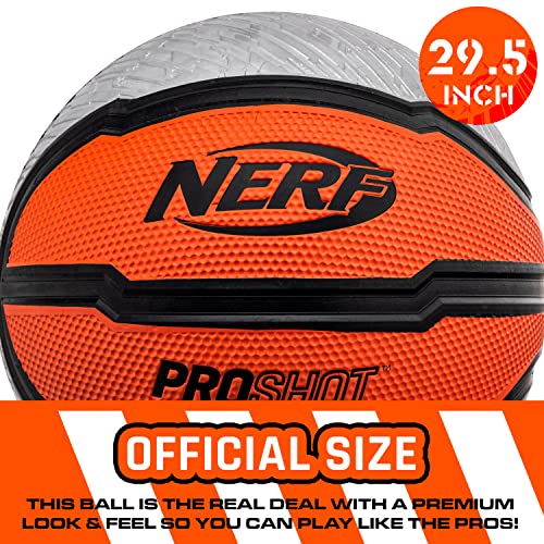 Nerf Indoor + Outdoor Basketball - Proshot Official Size 29.5" Basketball + Air Inflation Pump - Extra Grip for Gym + Driveway Hoops - Regulation B7 Ball - Black/Orange
