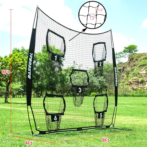 BaseGoal Football Nets for Throwing,Football Target,Quarterback Training Equipment with 5 Target Pockets for Improving Football Accuracy Throwing-8 x 8 ft or 7 x 7 ft Nets - color: 8 x 8 Ft Black + Ball