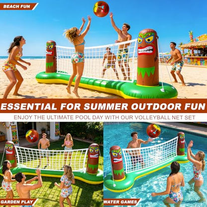 TURNMEON Inflatable Luau Tiki Pool Volleyball Net Game, Large 105"x28"x35" Floating Water Toy Set with Beach Ball for Adults Indoor Outdoor Tropical Hawaiian Summer Party Supplies