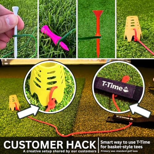 T-Time® Golf Tee Anchor Leash & Tether – US Patented – Keeps Tees in Place for Driving Range and Simulator Practice. - color: 1 Strap + 3 Silicone Strings (1 Pink, 1 Green, 1 Grey)