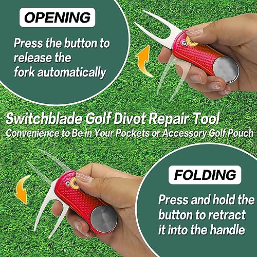 FINGER TEN Golf Divot Repair Tool and Ball Marker Switchblade Value Pack, Foldable Magnetic Stainless Steel with Pop-up Button for Men Women - color: B: 2 in Red