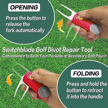 FINGER TEN Golf Divot Repair Tool and Ball Marker Switchblade Value Pack, Foldable Magnetic Stainless Steel with Pop-up Button for Men Women - color: B: 2 in Red