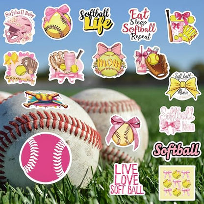 50PCS Pink Coquettte Bows Softball Stickers, Cute Motivational Vinyl Waterproof Stickers for Water Bottles,Helmets, Luggage, Teaching Incentives, Softball Gifts for Girls Kids, Teens and Adults