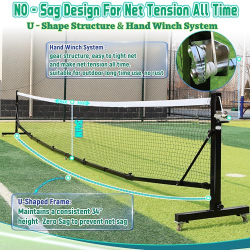 Portable Pickleball Net Set with Wheels, 22 FT Regulation Size Pickleball Net System with Hand Winch Anti-Sag, 2 Paddles, 4 Balls & Court Markers, Indoor/Outdoor Pickleball Equipment