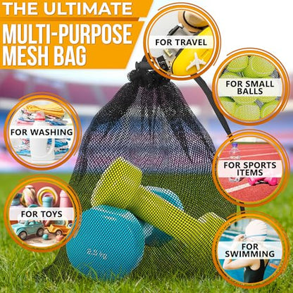 Jambala Mesh Drawstring Bags, 5 Pcs, 11 x 7 Inch - Nylon Net Bags for Swim Gear, Golf Balls, Tennis Balls, Gym Items, and Beach Essentials