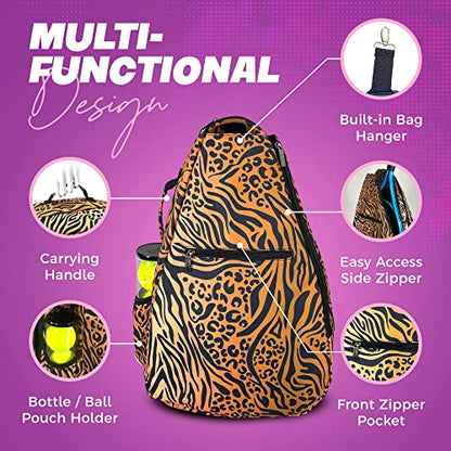Womens Tennis Backpack - Taboo Fashions Ladies Tennis Bag Holds Two Racquets, Padded Straps and Side Carry Handle - color: Brown, Black, Animal Print