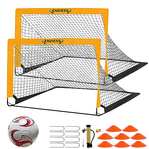 2 Pack 4'x3' Kids Soccer Goals, Durable Pop Up Soccer Net Set with Size 3 Ball, Pump, 8 Cones & Carry Bag, Portable Backyard Training Equipment for Toddler Youth - color: Orange