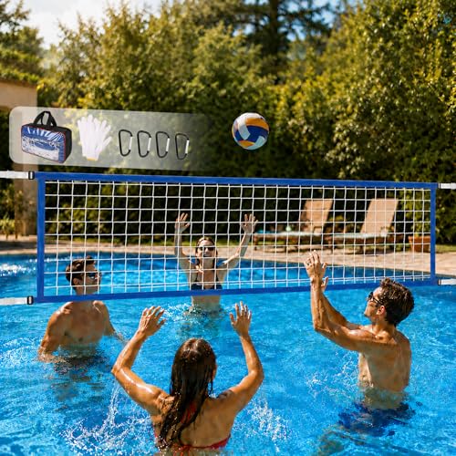 Pool Volleyball Net Replacement, Heavy Duty PE Net with Adjustable Length 15-30 FT, Waterproof Oxford Border for Outdoor In-Ground & Above Ground Pools, Includes Carabiners & Storage Bag - color: Blue
