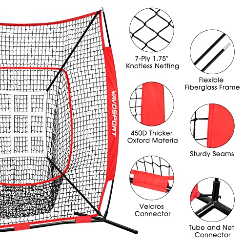 VAVOSPORT 7x7' Baseball Net Set - Portable Softball & Baseball Net, Batting Tee, Ball Caddy, Strike Zone, Training Equipment for Youth Practice