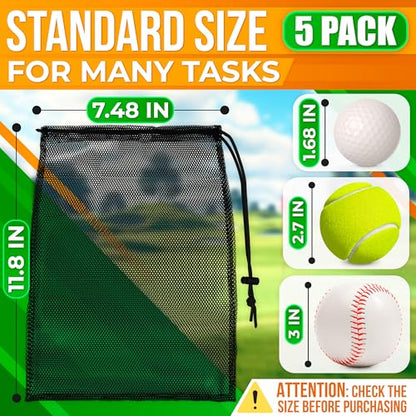 Jambala Mesh Drawstring Bags, 5 Pcs, 11 x 7 Inch - Nylon Net Bags for Swim Gear, Golf Balls, Tennis Balls, Gym Items, and Beach Essentials