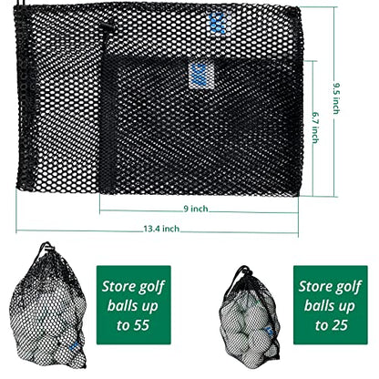 Mesh Bags with Drawstring - 2 Pack Nylon Golf Ball Storage Mesh Bags Sports Equipment Organizer Sack for Collecting Half Balls, Tennis, Toys, Beach, Travel