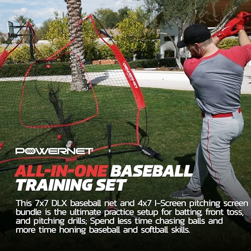 PowerNet 7x7 FT Bundle + I-Screen (1 Frame + 2 Nets), Baseball Net for Hitting, Pitching Drills, Baseball & Softball Training Gear Equipment, Pitcher Barrier from Line Drives Grounders