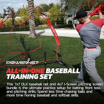 PowerNet 7x7 FT Bundle + I-Screen (1 Frame + 2 Nets), Baseball Net for Hitting, Pitching Drills, Baseball & Softball Training Gear Equipment, Pitcher Barrier from Line Drives Grounders