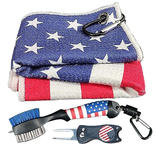 Golf Club Brush and Amercian Flag Golf Towels, Golf Groove Cleaner Cleaning kit, Golf Accessories Cleaner Tool with Strong Magnet Stick to Golf Clubs or Bag - color: 3-in-1 Accessories