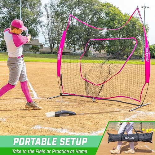 GoSports 7 x 7 ft Baseball & Softball Nets - Available in Team Colors - Batting & Pitching Net with Strike Zone - color: Pink