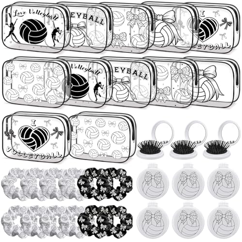 36 Pcs Volleyball Gifts for Girl 12 Black White Volleyball Makeup Bag Bulk Bow Cosmetic Bag Sport Team Gifts with 12 Sport Hair Scrunchies 12 Round Portable Folding Brush Mirror for Team