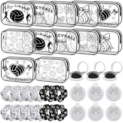 36 Pcs Volleyball Gifts for Girl 12 Black White Volleyball Makeup Bag Bulk Bow Cosmetic Bag Sport Team Gifts with 12 Sport Hair Scrunchies 12 Round Portable Folding Brush Mirror for Team