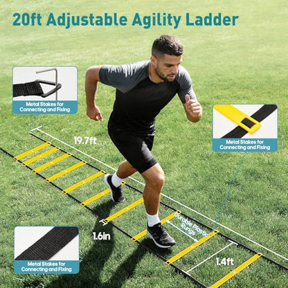 OLIXIS Agility Speed Training Equipment, 20 ft Speed Ladder, 12 Soccer Cones, 4 Agility Hurdles, Jump Rope, Resistance Parachute with Carry Bag, Training Equipment Set for Kids, Youth, Adults,Yellow