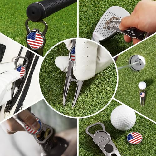 FINGER TEN Golf Divot Repair Tool and Ball Marker 7-in-1 Value 2 Pack, Premium Leather Grip Tools with Belt Clip, Club Tee, Club Groove Cleaner, Bottle Opener, Putting Alignment Guide - color: Glossy Black