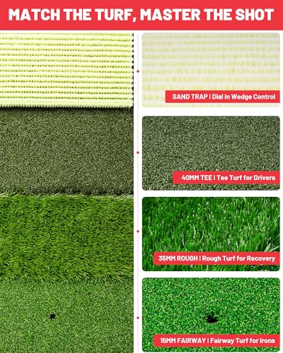 4-in-1 Golf Hitting Mat, Golf Practice Mat with Fairway, Rough, Sand & Tee Turf, Indoor Outdoor Golf Training Mat for Driving, Chipping & Putting with Golf Mat Tees