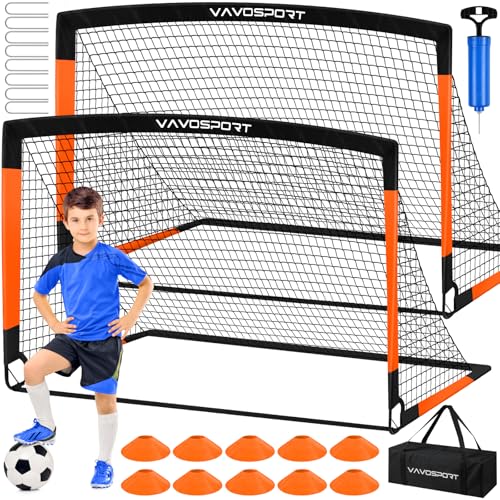 VAVOSPORT Kids Soccer Goals for Backyard Set, 2 of 4x3 / 6x4 ft Portable Soccer Goal Nets, Pop Up Mini Toddler Soccer Net Training Equipment & Ball, Cones for Ages 3-14, Outdoor Games Gifts for Kids