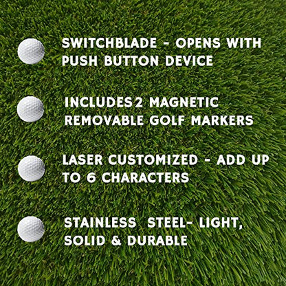 Indiana Metal Craft Switchblade Golf Divot Repair Tool Stainless Steel Personalized with 2 Ball Markers (1 Spare), Silver