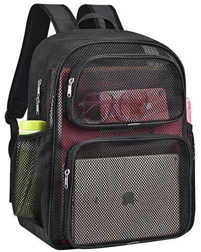 MAY TREE Mesh Backpack Heavy Duty Big Mesh Bag Large Capacity for Travel Beach Hiking Outdoor Sports with Paded Strap, Black - color: Black